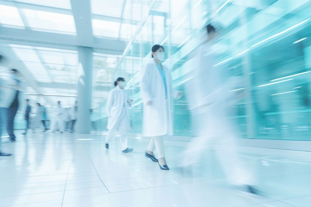 Blurred scientists walking in lab architecture hospital defocused. AI generated Image by rawpixel.