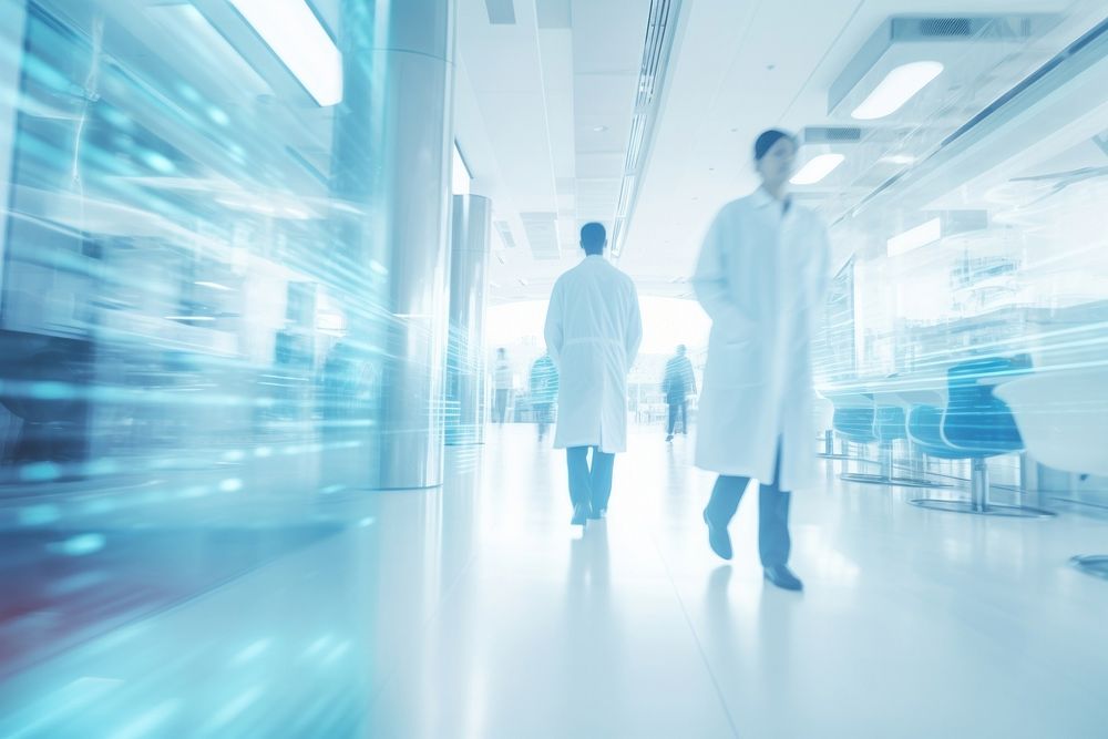 Blurred scientists walking in futuristic lab architecture technology hospital. AI generated Image by rawpixel.