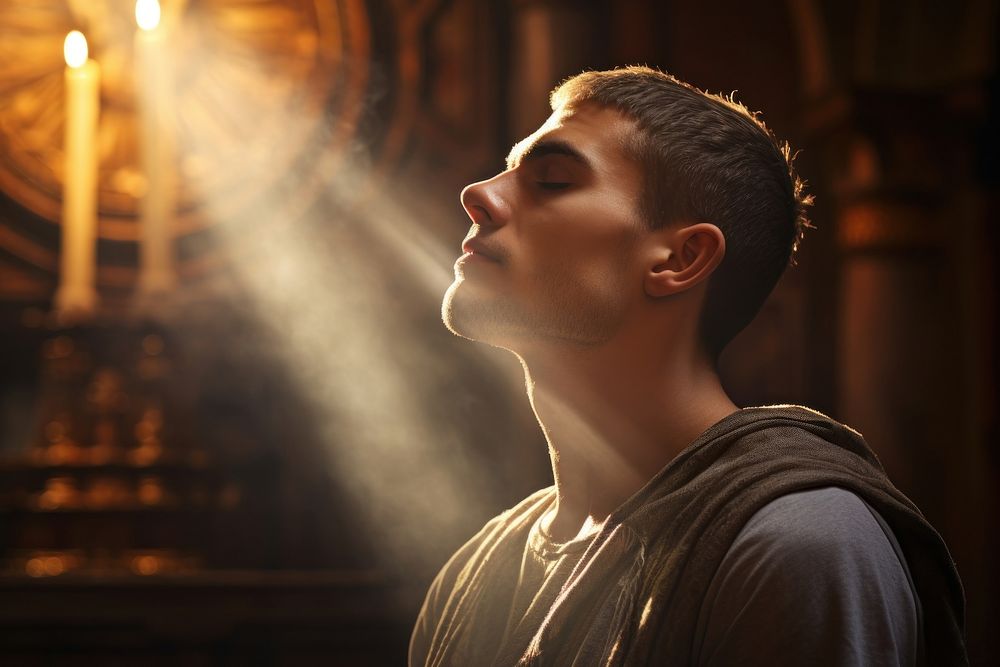 Man praying in church spirituality photography portrait. AI generated Image by rawpixel.