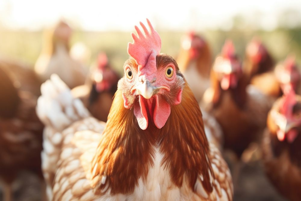 Group of curious chickens peek into the camera poultry animal bird. AI generated Image by rawpixel.