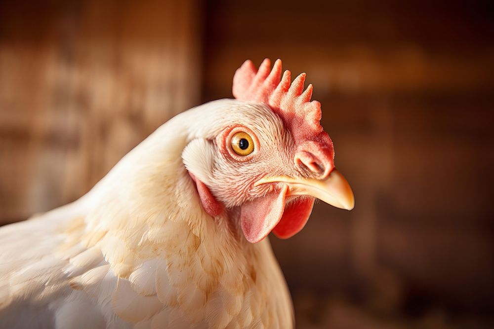 Chicken face on left side of image poultry animal bird. AI generated Image by rawpixel.
