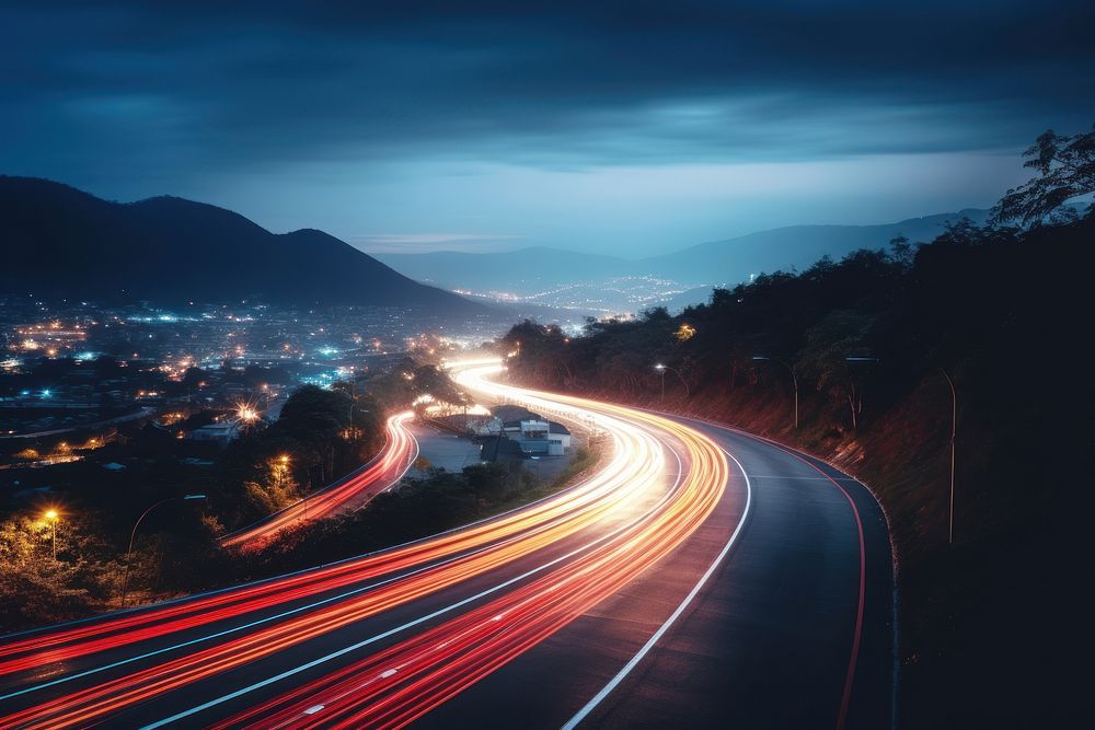 Street light trails landscape cityscape outdoors. AI generated Image by rawpixel.