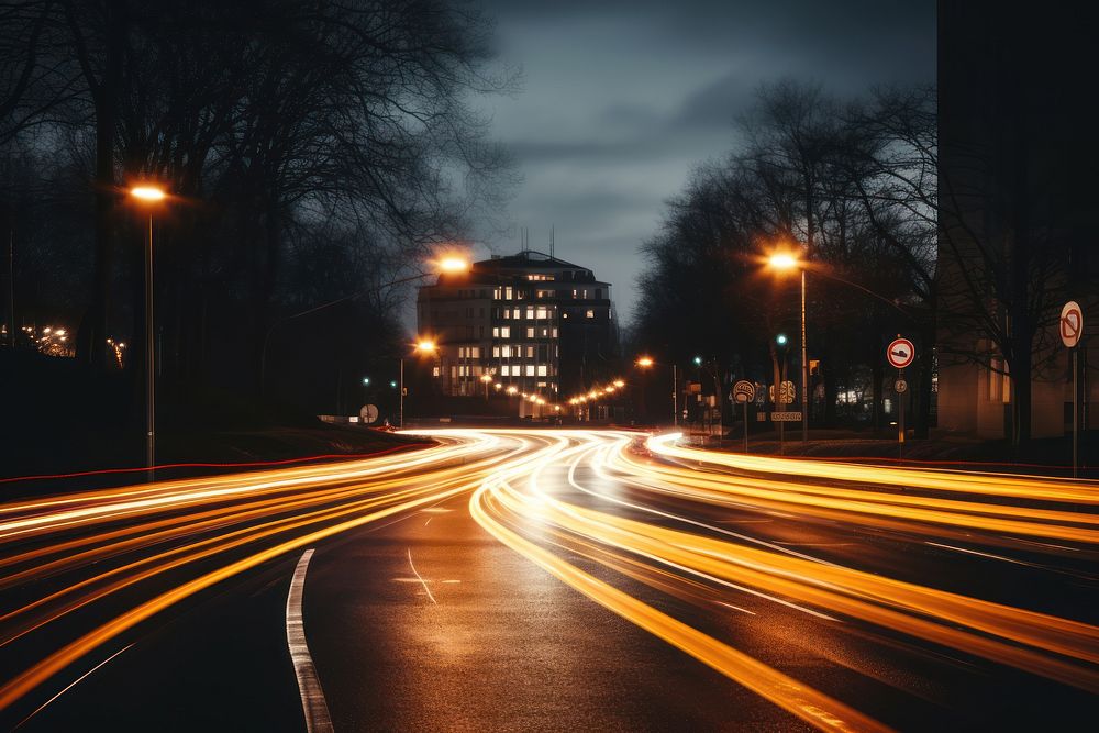 Street light trails architecture cityscape lighting. AI generated Image by rawpixel.