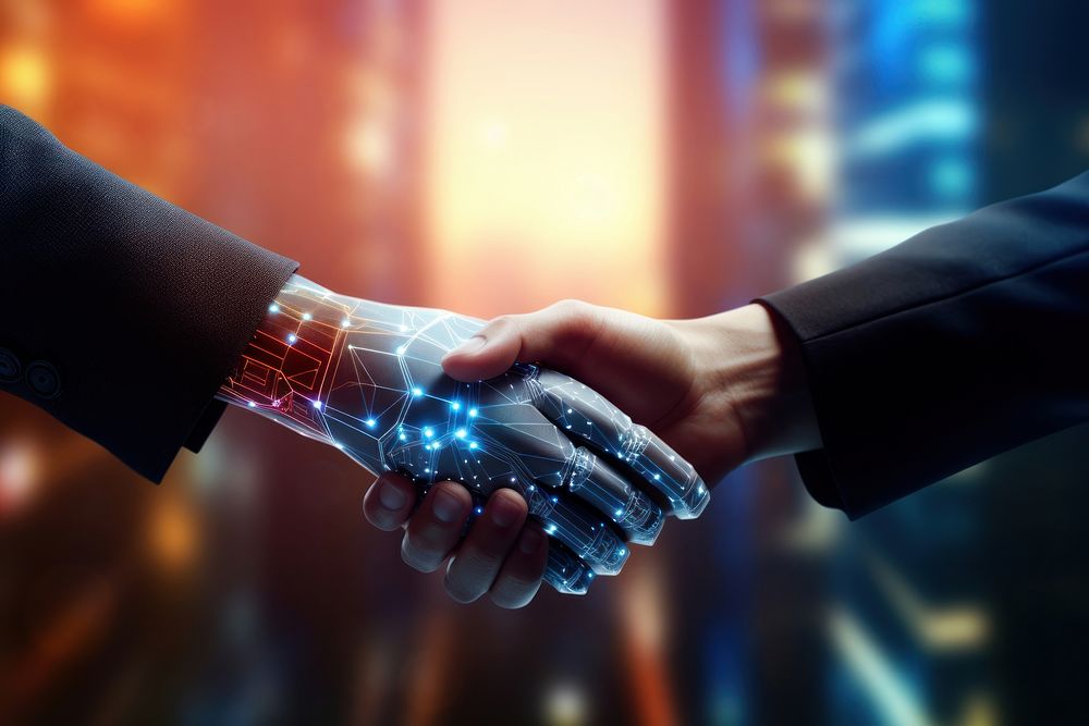 Hand futuristic technology handshake. AI generated Image by rawpixel.
