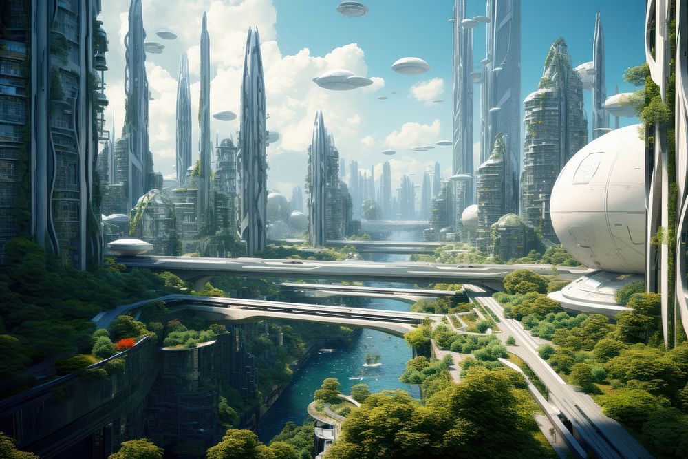 Hyperdetailed futuristic city landscape with plants architecture cityscape building. AI generated Image by rawpixel.