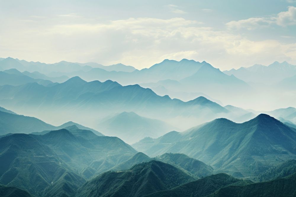 Misty mountain range landscape panoramic outdoors. AI generated Image by rawpixel.