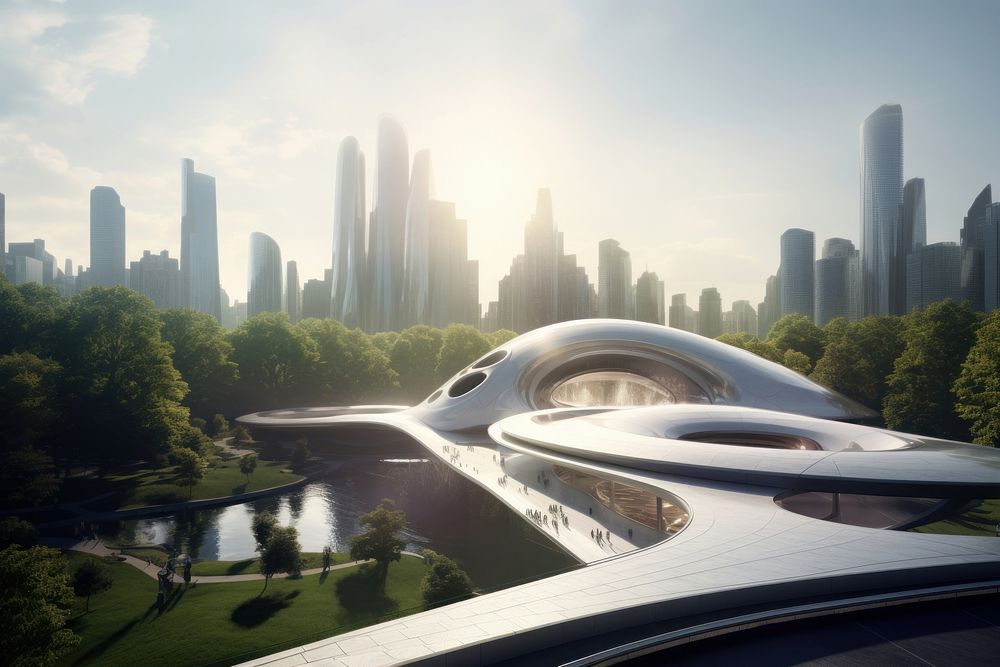 Futuristic central park building city architecture. AI generated Image by rawpixel.