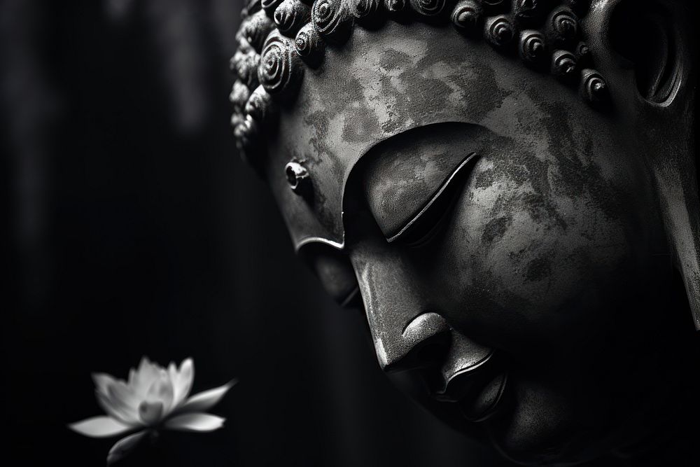 Face of Buddha statue monochrome buddha black. AI generated Image by rawpixel.
