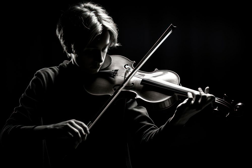 Kid playing violin monochrome black concentration. AI generated Image by rawpixel.