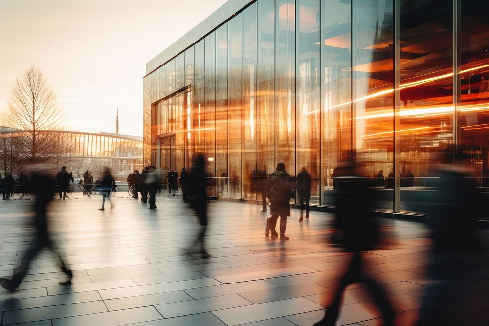 Blurred people walking in front of bulding motion sunset adult. AI generated Image by rawpixel.