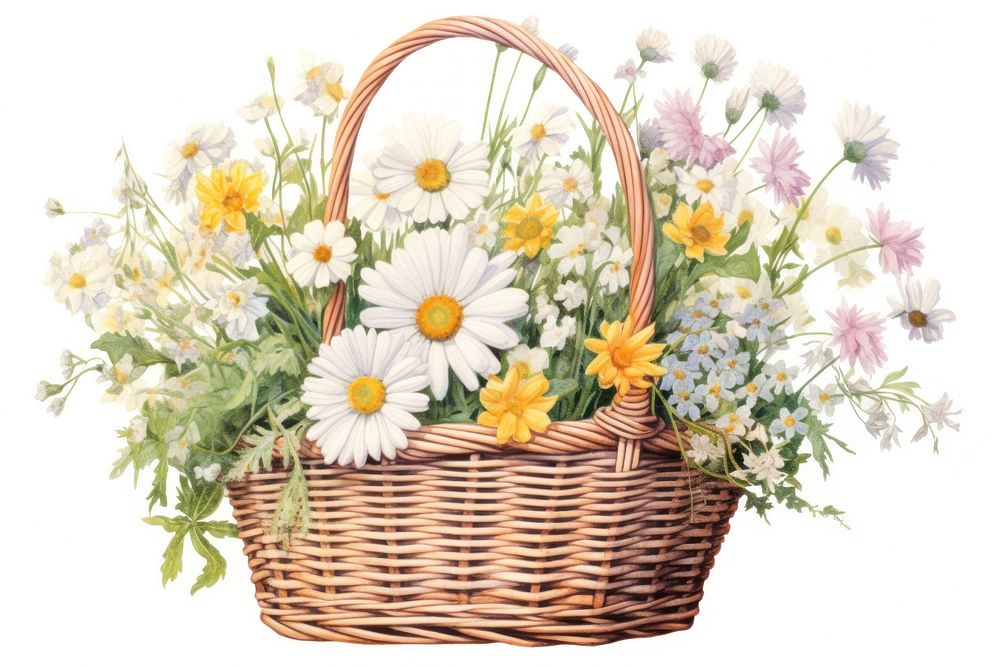 Wicker basket full of daisy flowers plant white background inflorescence. 