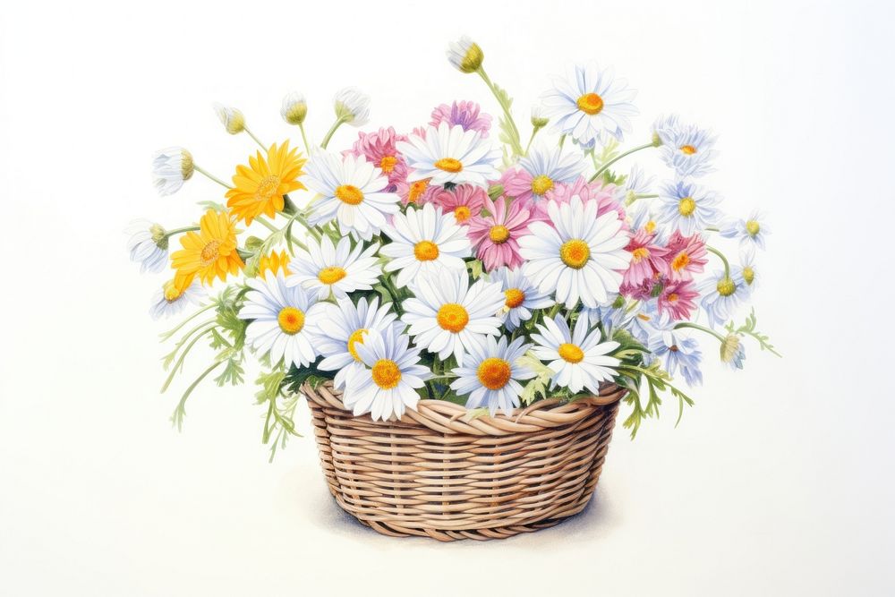 Wicker basket full of daisy flowers plant white background inflorescence. AI generated Image by rawpixel.