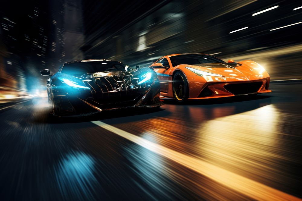 2 supercars race against each other headlight vehicle motion. AI generated Image by rawpixel.