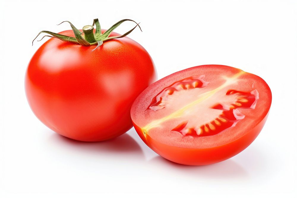 Two fresh tomatoes whole and cut half vegetable fruit plant. AI generated Image by rawpixel.