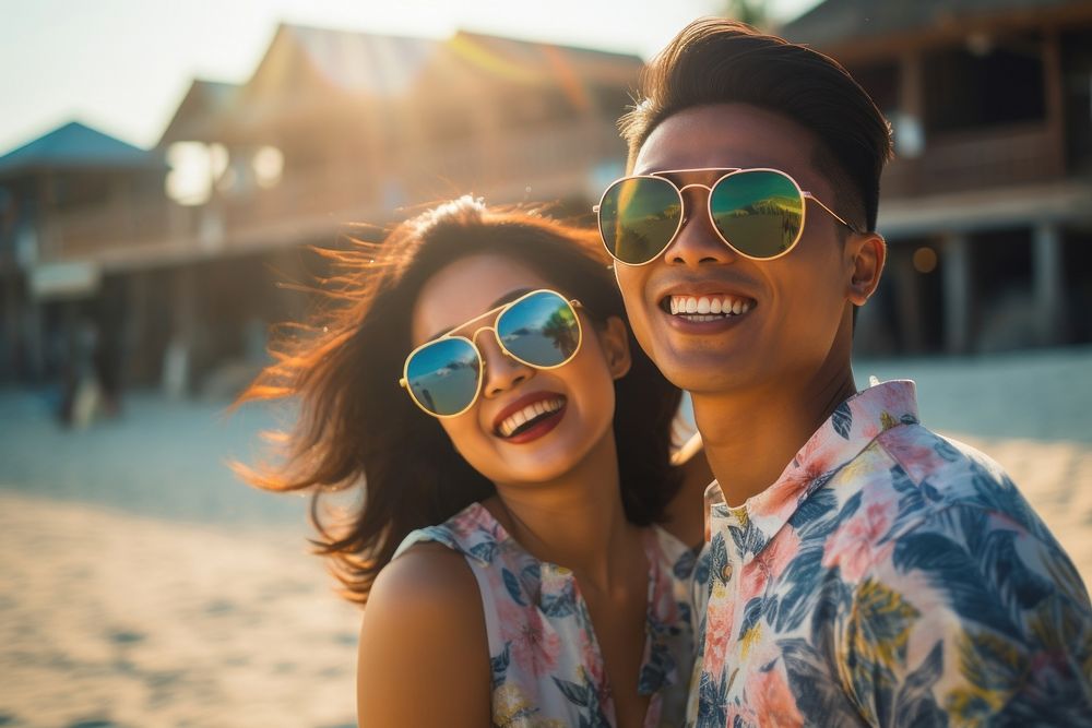 Malaysian couple sunglasses laughing summer. AI generated Image by rawpixel.