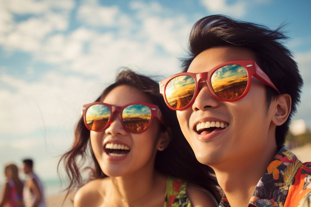 Malaysian couple glasses sunglasses laughing. AI generated Image by rawpixel.