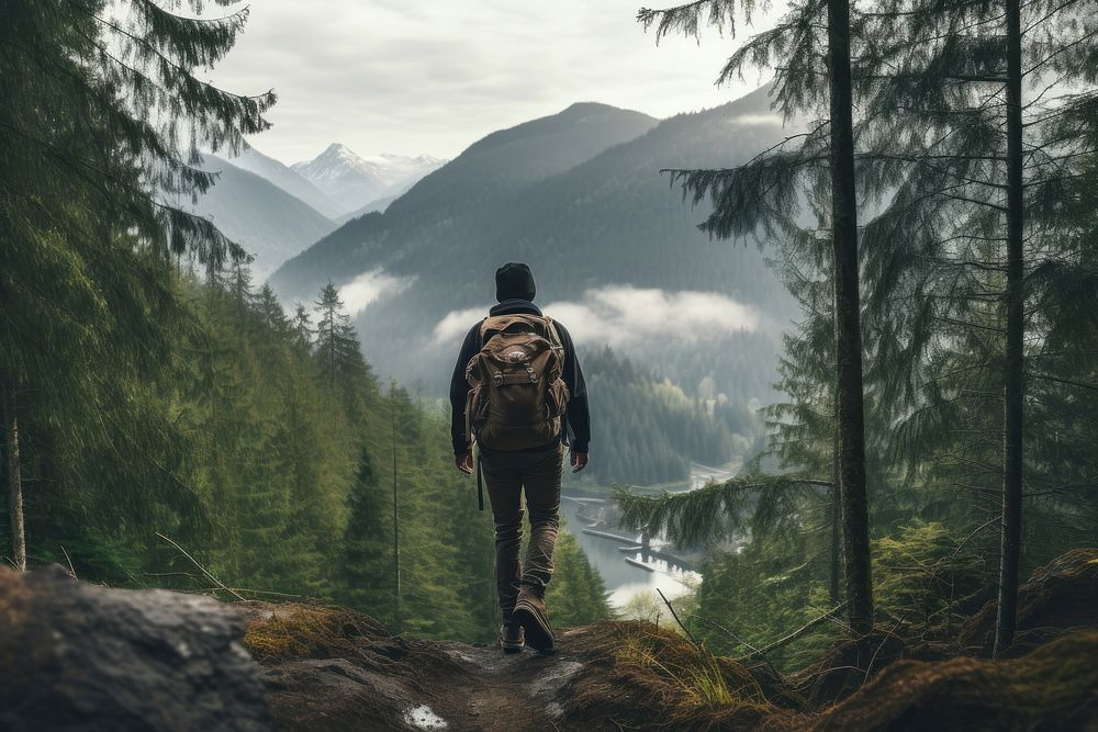 Man hiking adventure outdoors backpack. AI generated Image by rawpixel.