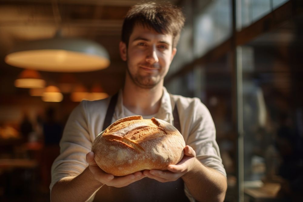 Man holding a bread loaf bakery adult food. AI generated Image by rawpixel.