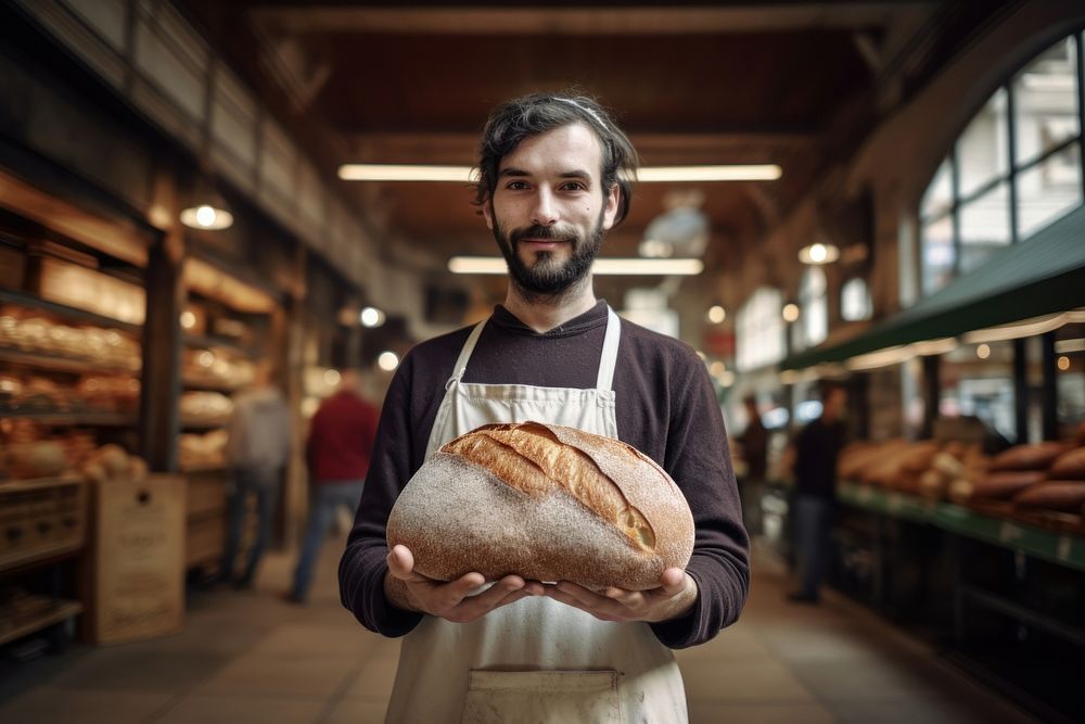 Man holding a loaf of bread bakery adult city. AI generated Image by rawpixel.