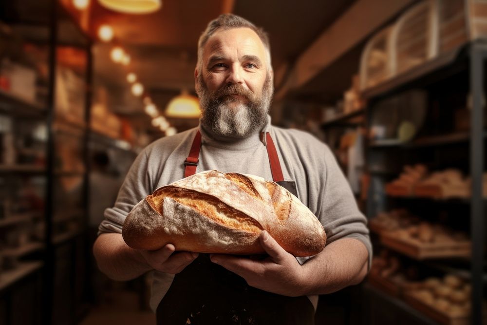 Man holding a wheat loaf baguette bakery bread. AI generated Image by rawpixel.