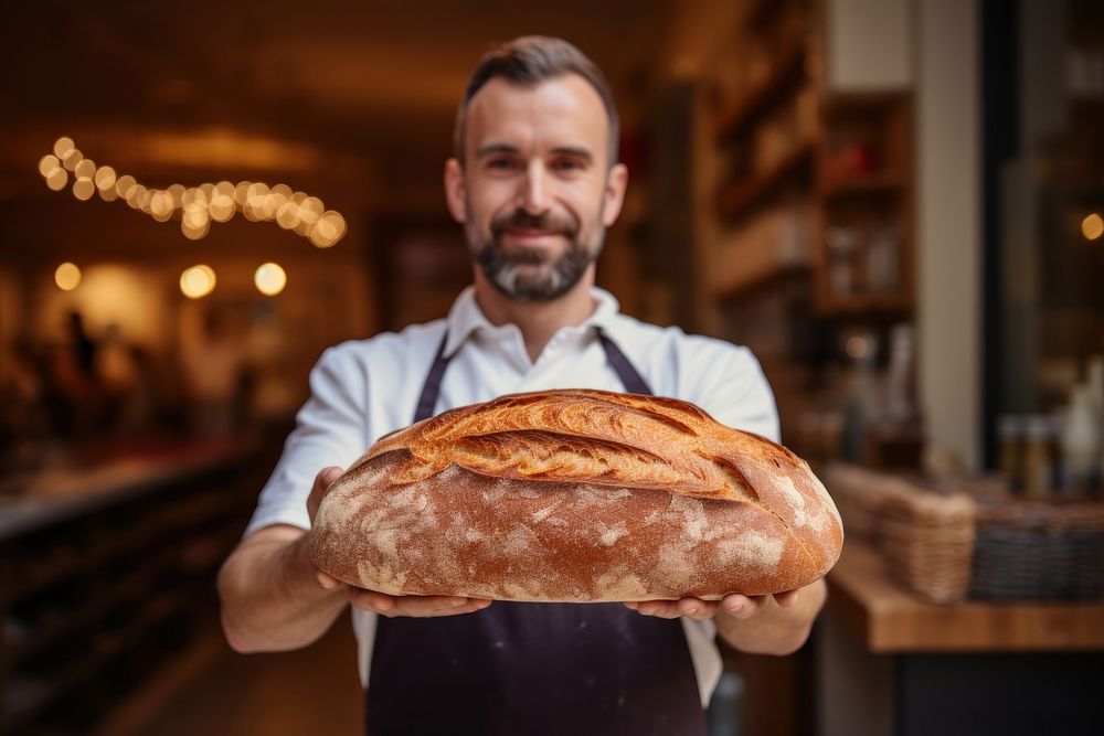 Man holding a wheat loaf baguette bakery bread. AI generated Image by rawpixel.