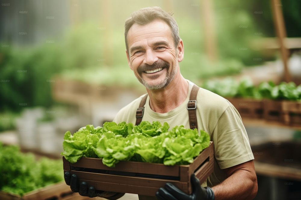 Man holding a crate of lettuce smile greenhouse working. AI generated Image by rawpixel.