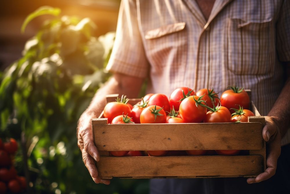 Man holding a crates of tomatoes market farmer adult. AI generated Image by rawpixel.
