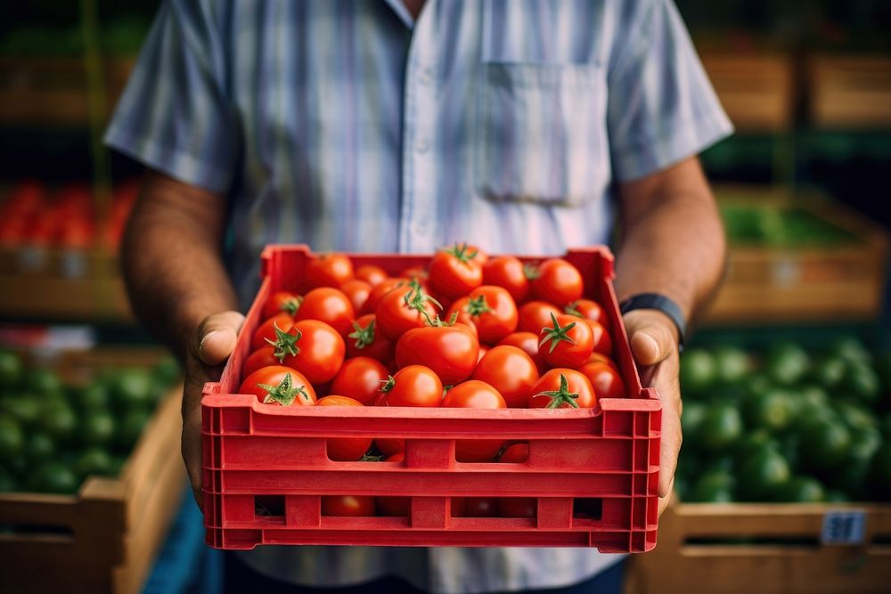 Man holding a crates of tomatoes vegetable market farmer. AI generated Image by rawpixel.