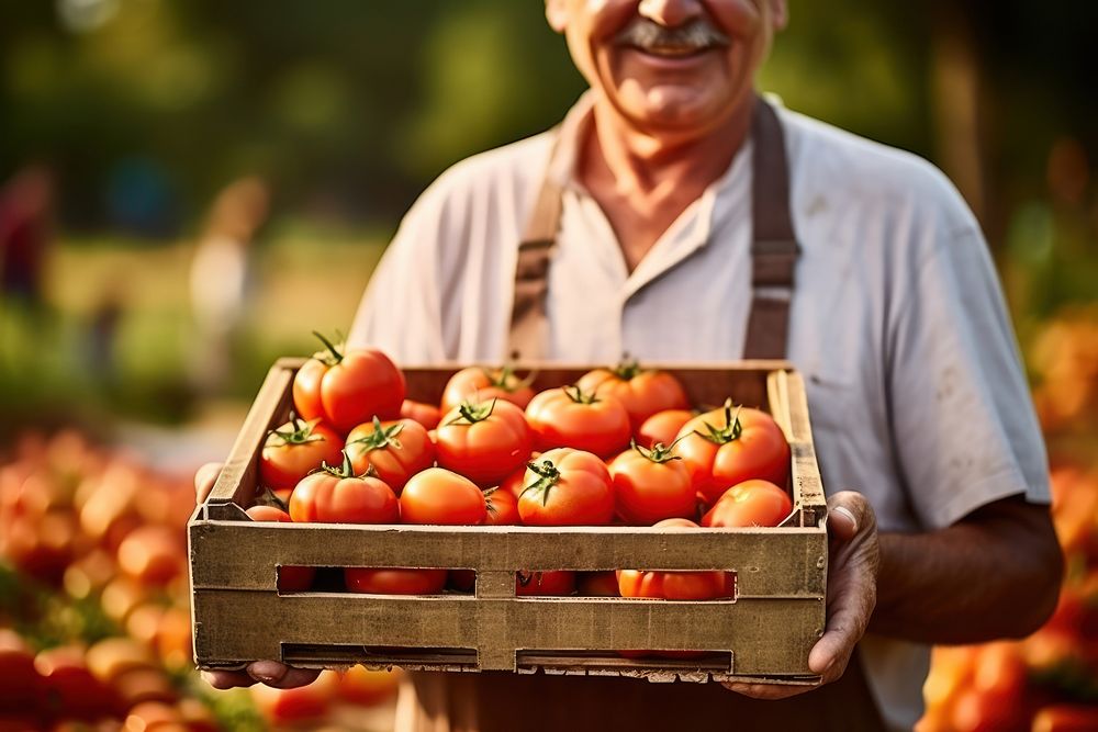 Man holding a crates of tomatoes farmer market adult. AI generated Image by rawpixel.