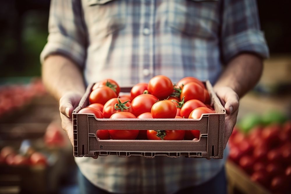 Man holding a crates of tomatoes vegetable market farmer. AI generated Image by rawpixel.