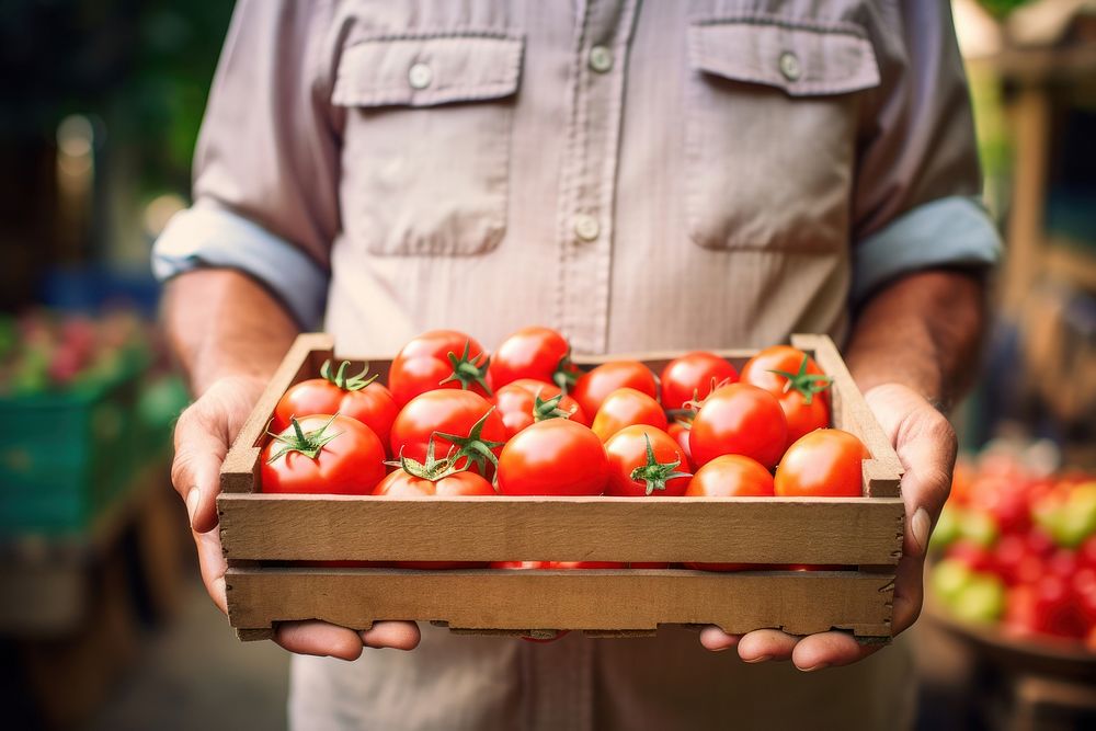 Man holding a crates of tomatoes vegetable market adult. AI generated Image by rawpixel.