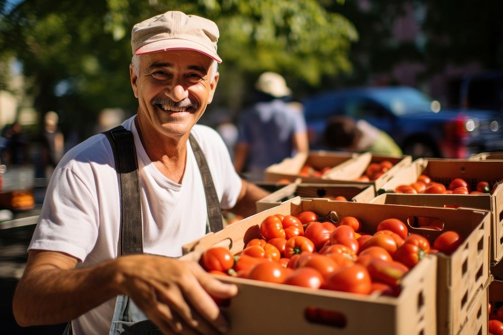 Man holding a crates of tomatoes market farmer adult. AI generated Image by rawpixel.