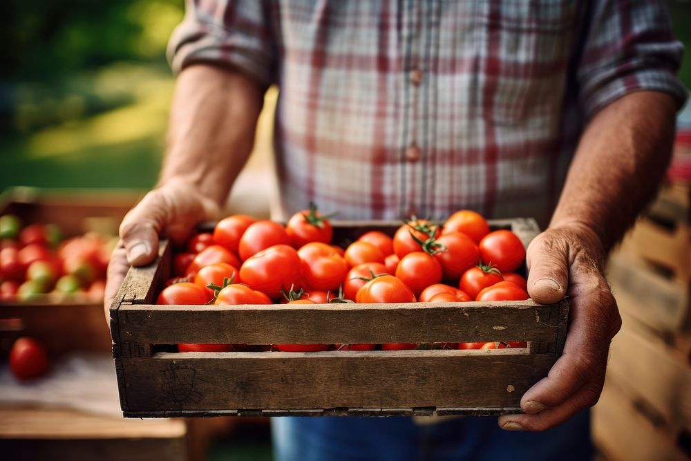 Man holding a crates of tomatoes market farmer adult. AI generated Image by rawpixel.