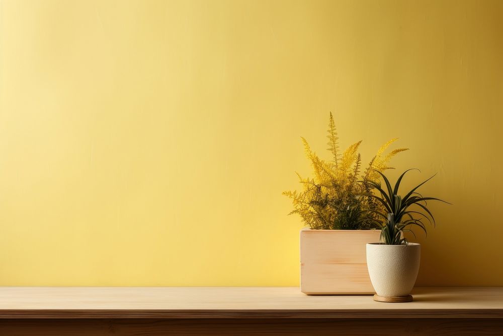 Beige wooden box and plants yellow houseplant decoration. AI generated Image by rawpixel.