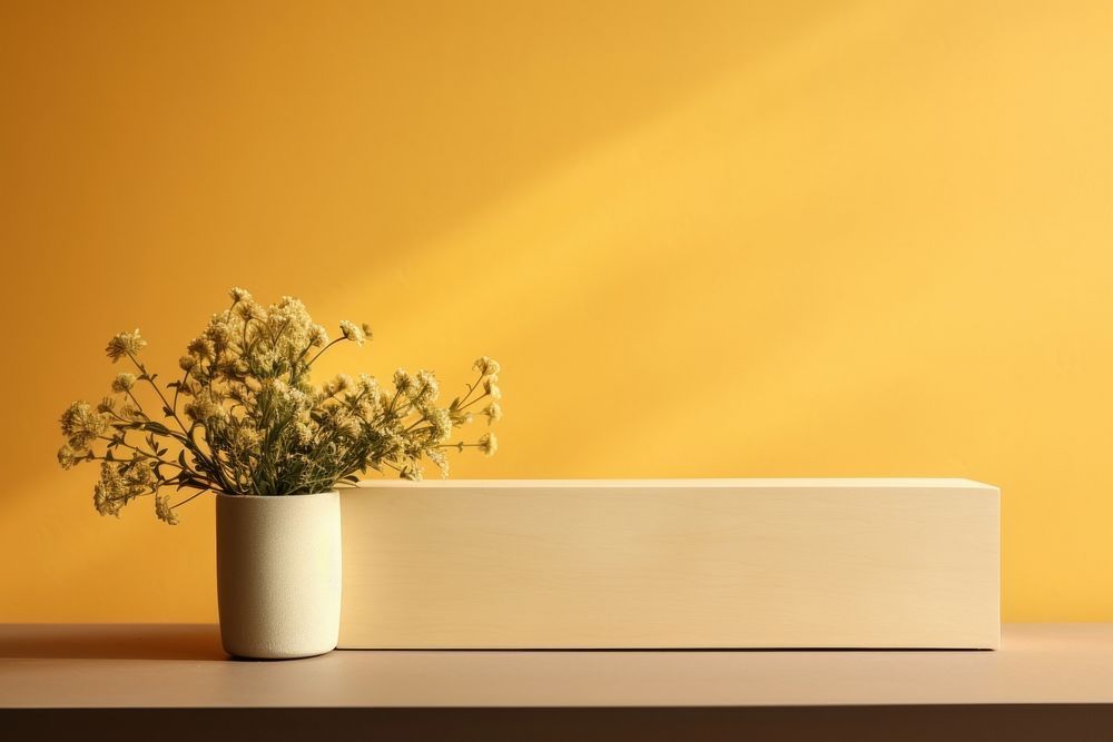 Beige wooden box and plants yellow flower table. AI generated Image by rawpixel.