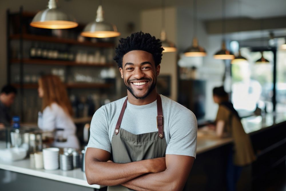 Man smiling at the counter barista working waiter. AI generated Image by rawpixel.