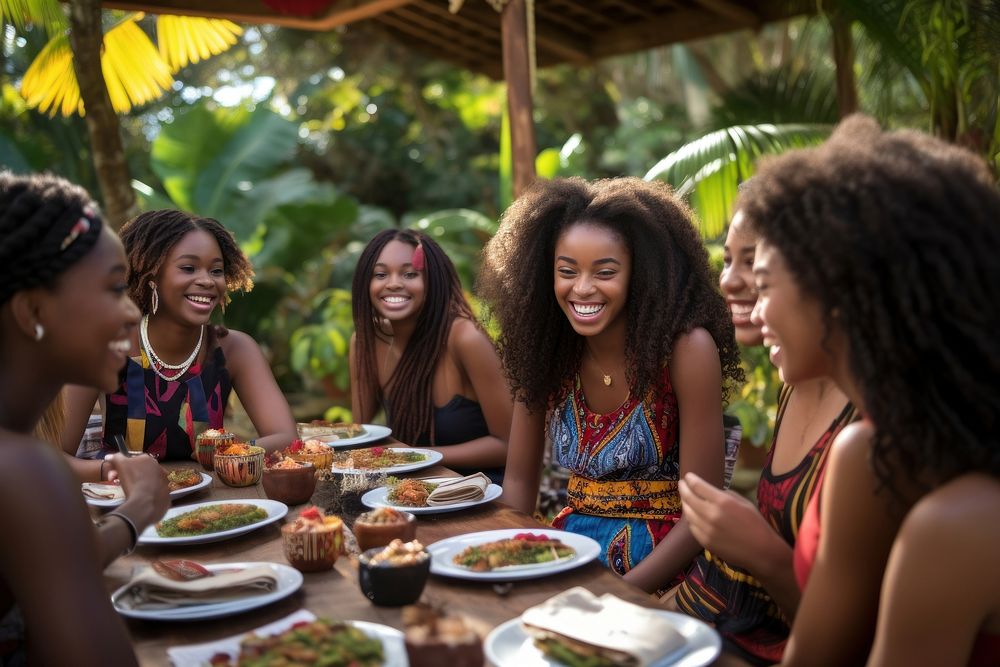 Caribbean group of teenagers party laughing outdoors. AI generated Image by rawpixel.