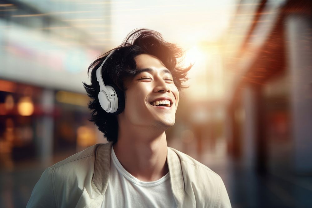 Happy korean man headphones listening laughing. AI generated Image by rawpixel.