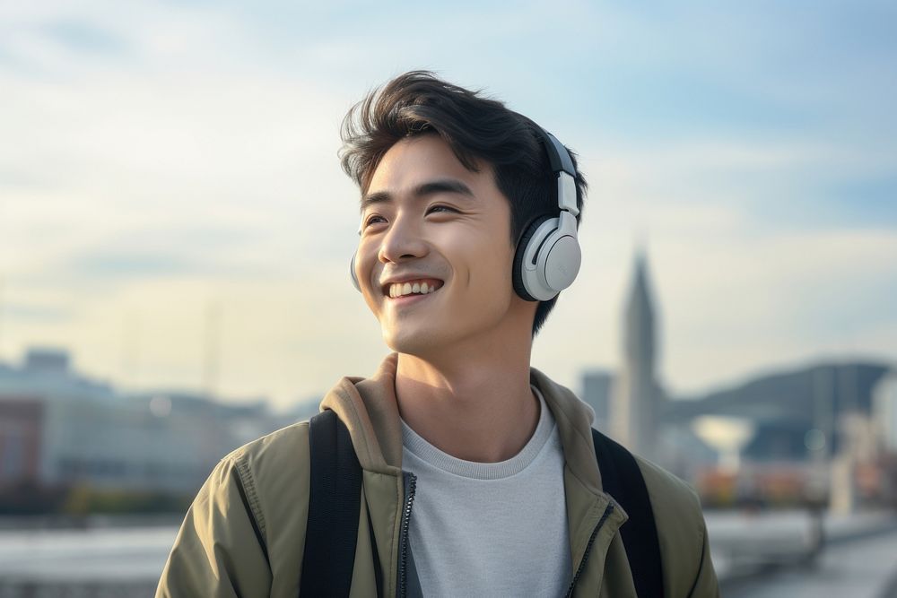 Happy Korean man headphones listening portrait. AI generated Image by rawpixel.
