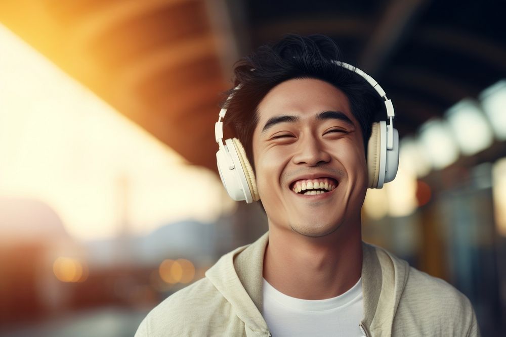 Happy Korean man headphones listening portrait. AI generated Image by rawpixel.