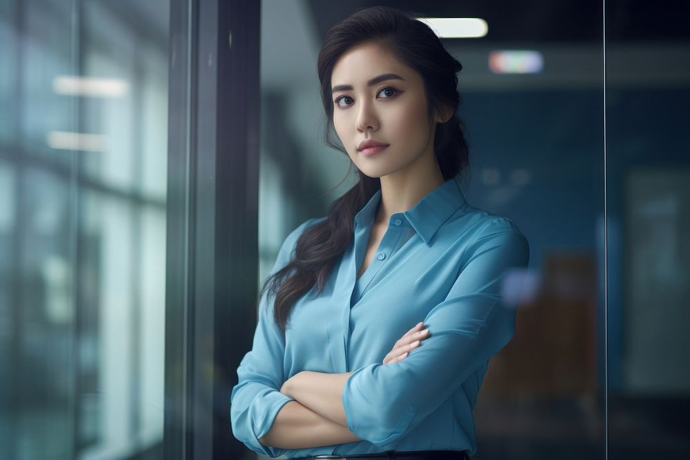 Hong Konger businesswoman standing contemplation arms crossed. AI generated Image by rawpixel.