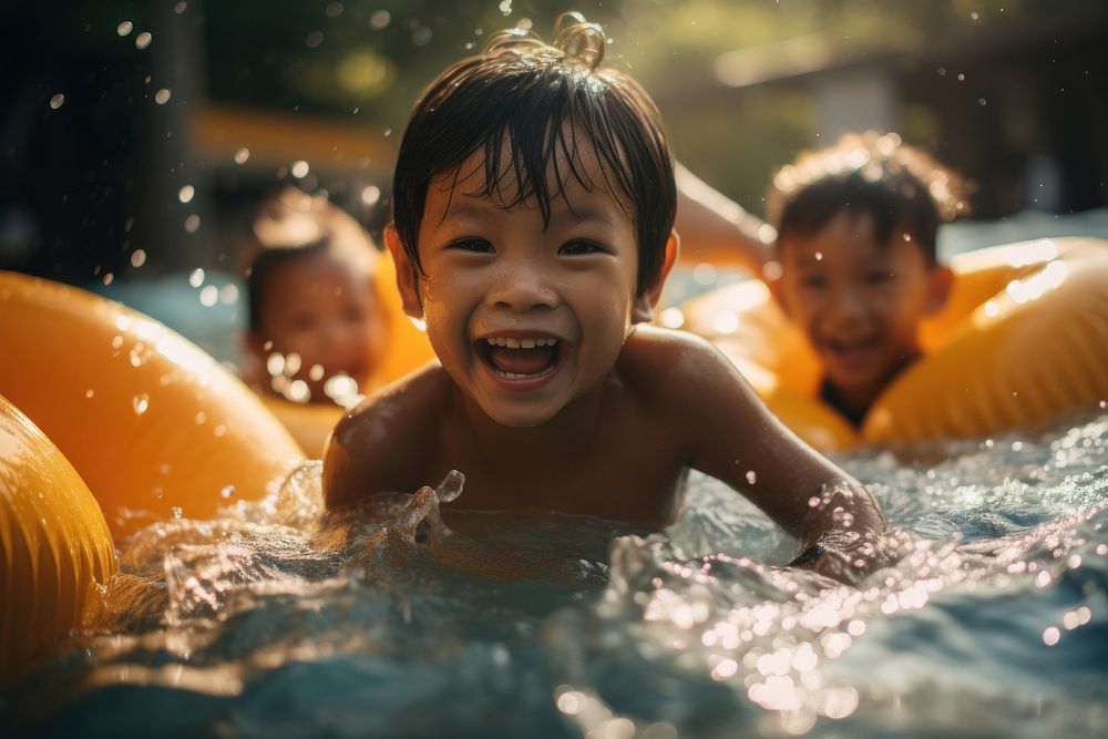 Laos kids swimming portrait bathing. AI generated Image by rawpixel.