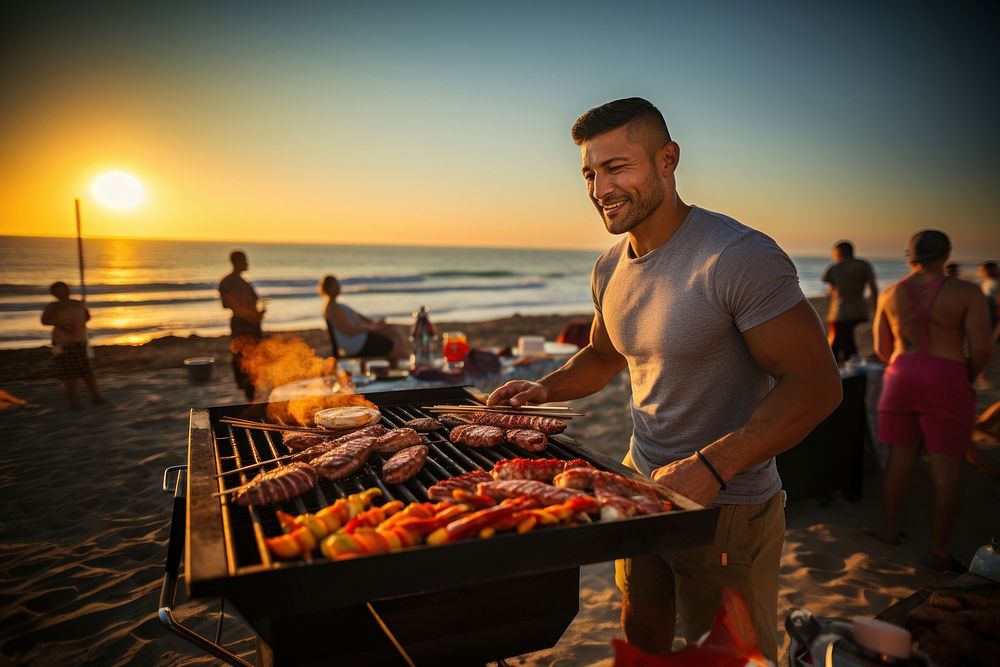 Latino man grill barbeque on the beach grilling cooking summer. AI generated Image by rawpixel.