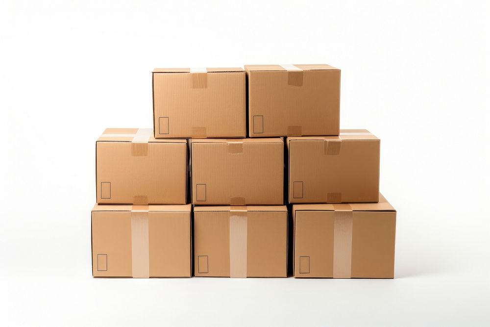 Stack of parcel box cardboard carton white background. AI generated Image by rawpixel.