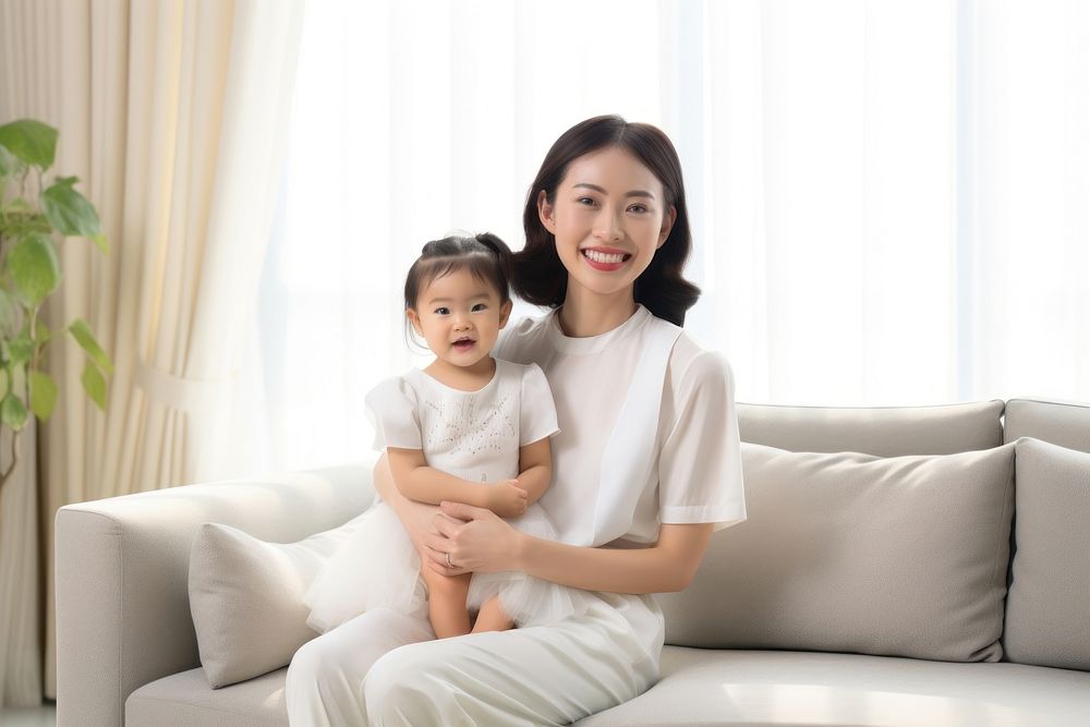 Senior Chinese mom and and daughter furniture sitting family. AI generated Image by rawpixel.