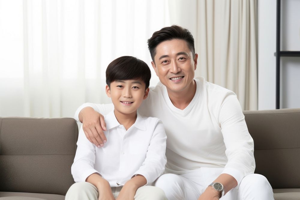Senior Chinese dad and son furniture sitting family. AI generated Image by rawpixel.
