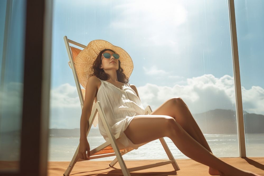 Singaporean women sunbathing sitting glasses. AI generated Image by rawpixel.