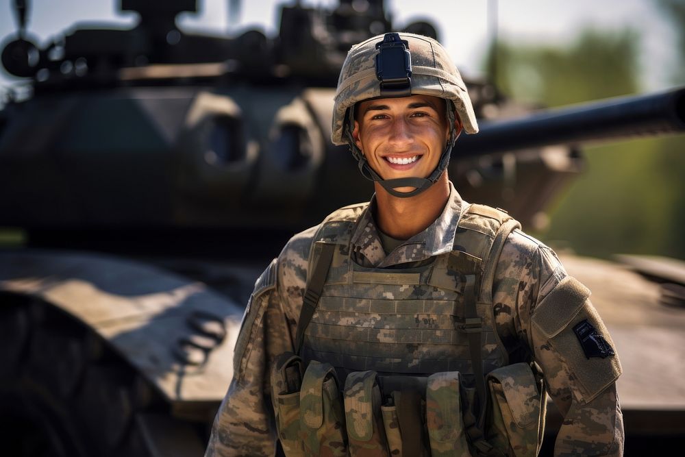 Smiling male US soldier military standing army. 