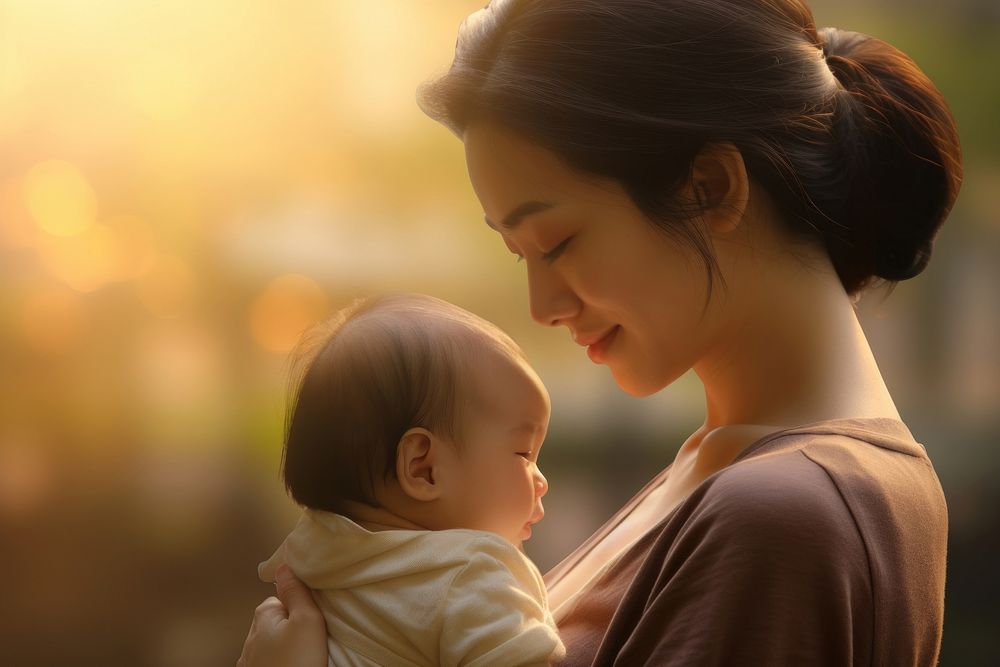 Taiwanese mom holding her baby portrait people photo. AI generated Image by rawpixel.