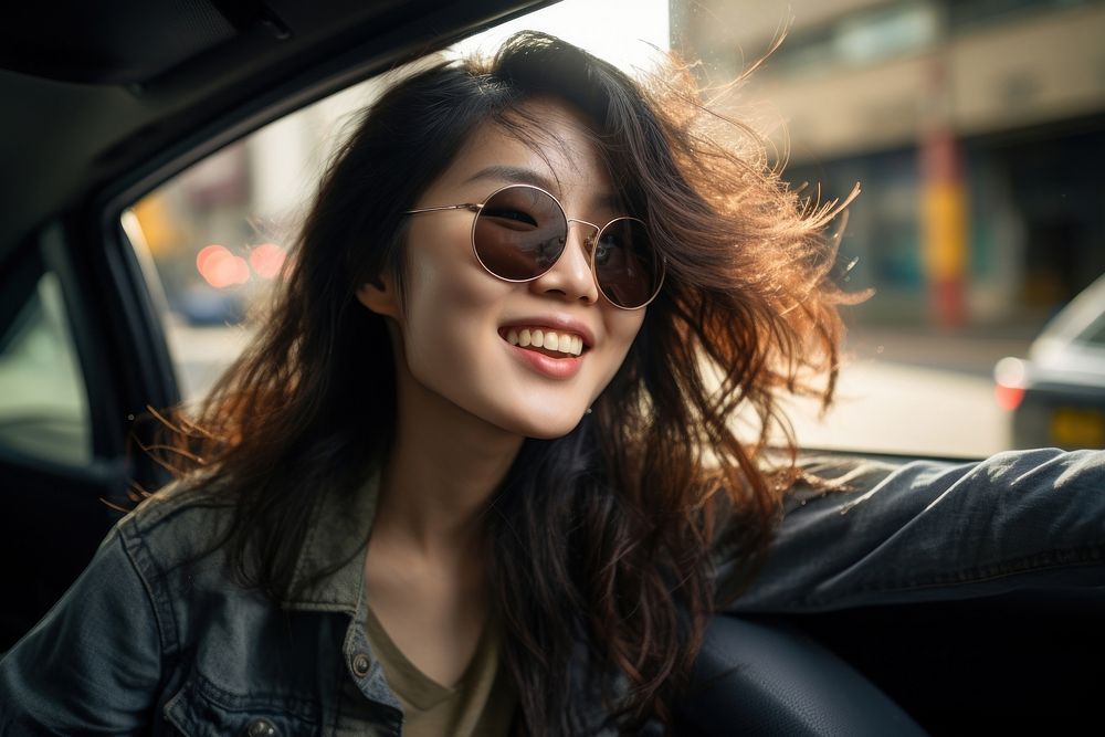 Taiwanese smiling girl sunglasses car portrait. AI generated Image by rawpixel.
